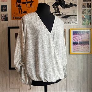 White Grey Print Surplice Wrap Top Business Casual Professional Office